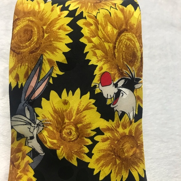 Looney Tunes Mania Tie Taz Bugs Daffy Sylvester Sunflowers Silk 1994 VTG - Picture 5 of 11